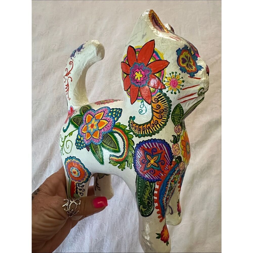 Hand Painted Colorful Floral Paisley Paper Machete Day of the Dead Cat